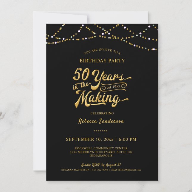 50th Birthday Black Gold String Lights Invitation (Front)