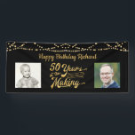 50th Birthday Black Gold String Lights Photos Banner<br><div class="desc">Celebrate a 50th birthday with this black and gold party banner sign with string lights featuring a retro typography title design of 50 YEARS IN THE MAKING that incorporates their birth year as part of the design, 2 photos (fun to include Then and Now photos) and your personalized custom message...</div>