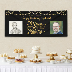 50th Birthday Black Gold String Lights Photos Banner