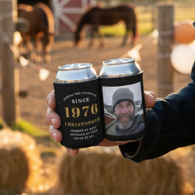 50th Birthday Black Gold With Photo Can Cooler (1976 can coolers showing front and rear. Blurred background.)