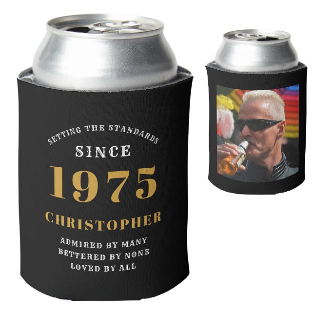 50th Birthday Black Gold With Photo Can Cooler (Personalized 50th birthday can cooler with name and photograph)