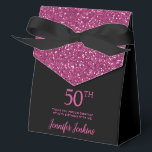50th Birthday Black Hot Pink Glitter Thank You Favor Box<br><div class="desc">This fabulous modern 50th Birthday Black Hot Pink Glitter Thank You favour box with sparkling hot pink glitter, the birthday girl's name in a trendy script font, and tied with an elegant black bow would be perfect for your event. It would be great for a candy station, on a thank...</div>