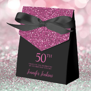 50th Birthday Black Hot Pink Glitter Thank You Favor Box