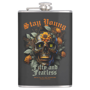 50TH BIRTHDAY BLACK ORANGE SKULL STAY YOUNG HIP FLASK
