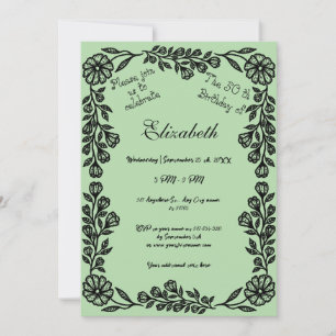 50th Birthday Black & Pale Green Botanical Floral Invitation