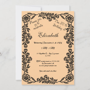 50th Birthday Black & Peach Botanical Floral  Invitation