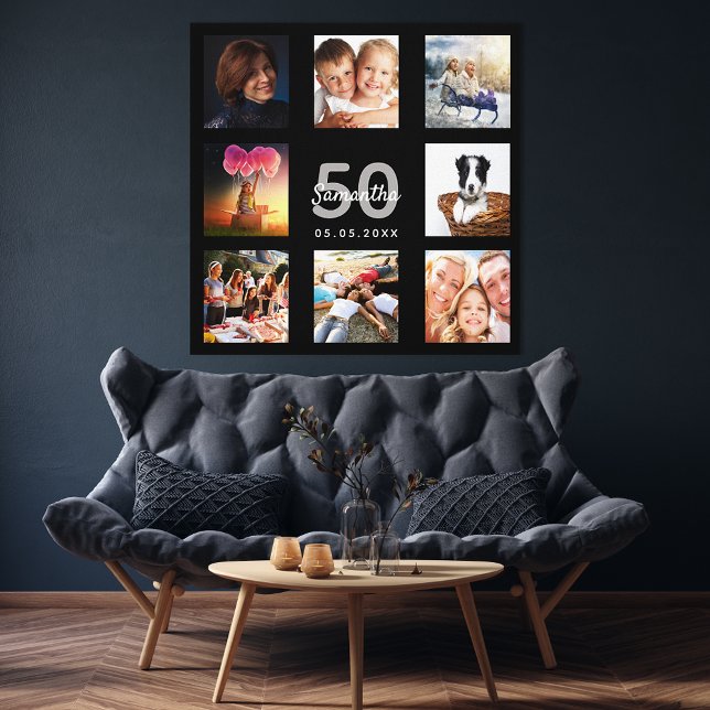 50th birthday black photo collage monogram canvas print (Creator Uploaded)