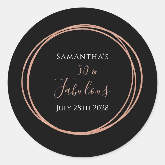 50th Birthday Black Rose Gold Birthday Party Classic Round Sticker (Front)