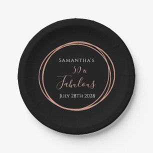 50th Birthday Black Rose Gold Birthday Party Paper Plate