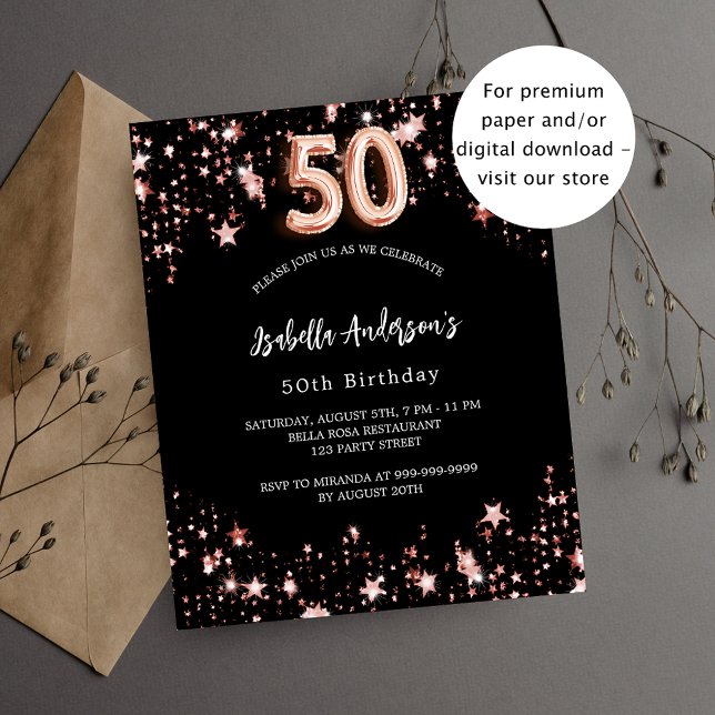 50th birthday black rose gold budget invitation (Creator Uploaded)
