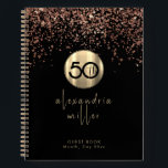 50th Birthday Black Rose Gold Glitter Guestbook Notebook<br><div class="desc">Elegant 50th Black Birthday Party Celebration Guestbook Blush Pink Rose Gold Glitter Sparkle Brushed Metal Name Feminine Script Custom Text Template Guest Book</div>