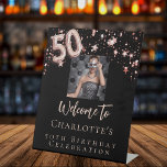 50th birthday black rose gold photo stars welcome pedestal sign<br><div class="desc">A welcome sign for a glamourous 50th birthday party.  A classic black background decorated with rose gold stars.  Personalize and add a photo and name.  Number 50 is written with a balloon style font.</div>