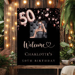 50th birthday black rose gold photo stars welcome poster<br><div class="desc">A welcome poster for a 50th birthday party.  A classic black background decorated with rose gold stars.  Personalize and add a photo and name.  Number 50 is written with a balloon style font.  Welcome with a heart.</div>