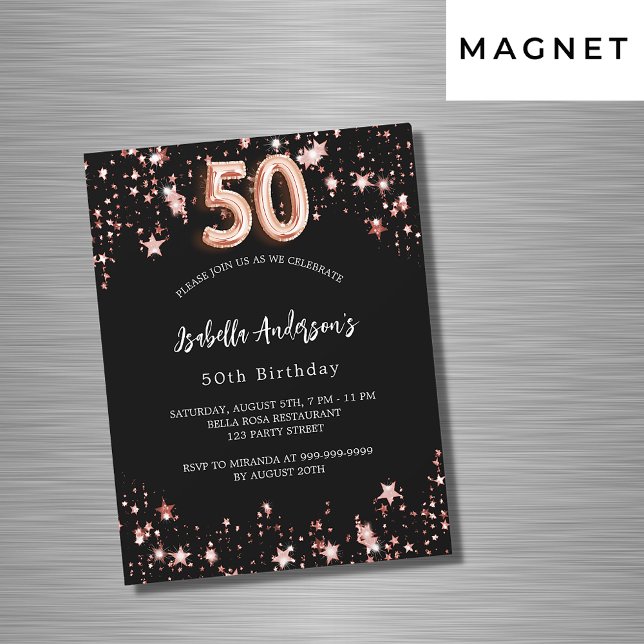 50th birthday black rose gold stars luxury magnetic invitation (Creator Uploaded)