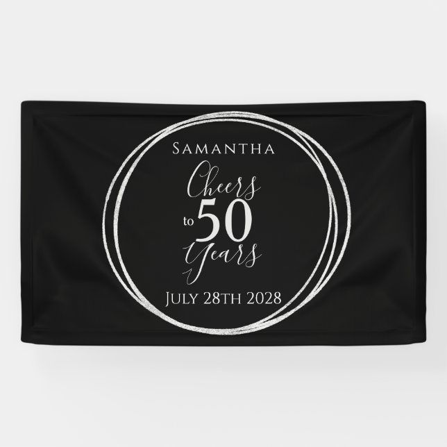 50th Birthday Black Silver Cheers 50 Years Party Banner (Horizontal)