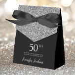 50th Birthday Black Silver Glitter Thank You Favor Box<br><div class="desc">This fabulous modern 50th Birthday Black Silver Glitter Thank You favour box with sparkling silver glitter, the birthday girl's name in a trendy script font, and tied with an elegant black bow would be perfect for your event. It would be great for a candy station, on a thank you gift...</div>