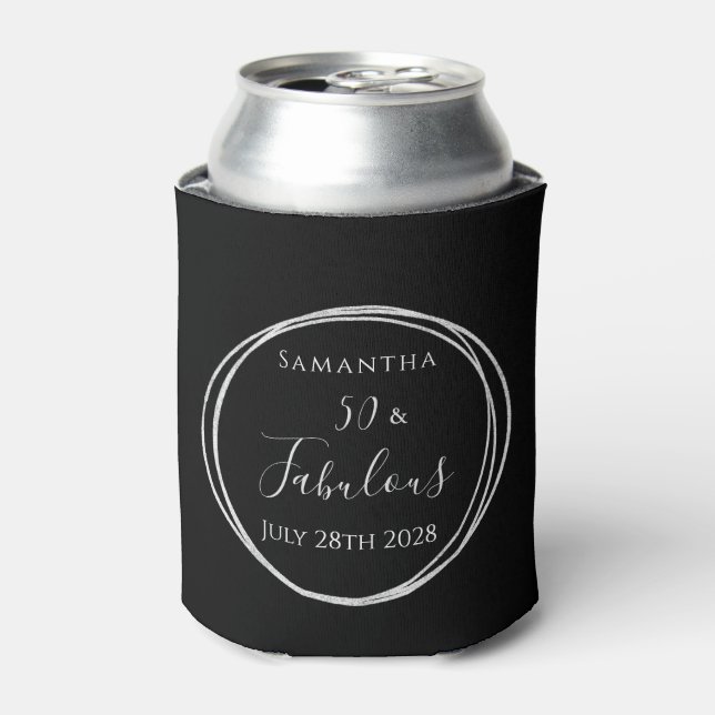 50th Birthday Black Silver Personalized Party Can Cooler (Can Front)