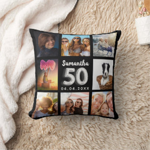 50th birthday black silver photo collage throw pillow