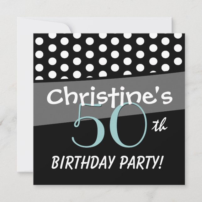 50th Birthday Black White Aqua Polka Dots Metallic Invitation (Front)