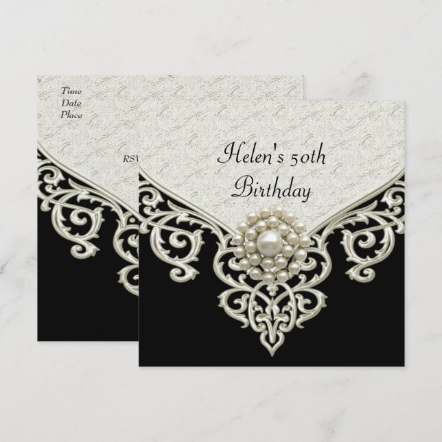 50th Birthday Black White Cream Pearl jewel Invitation (Front/Back)