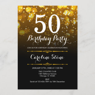 50th Birthday - Black White Gold Invitation