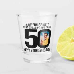 50th birthday black white photo funny shot glass