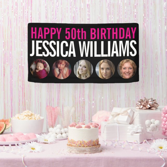 50th Birthday black white pink five photo circles Banner (Party)