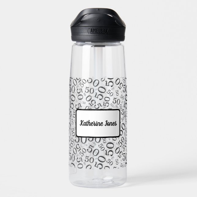 50th Birthday Black & White Random Number Pattern Water Bottle (Back)