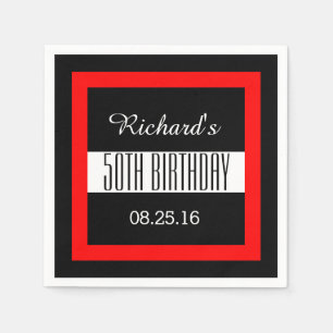 50th Birthday Black with Red Frame Geometric Z50 Napkin