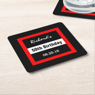 50th Birthday Black with Red Frame Geometric Z50 Square Paper Coaster