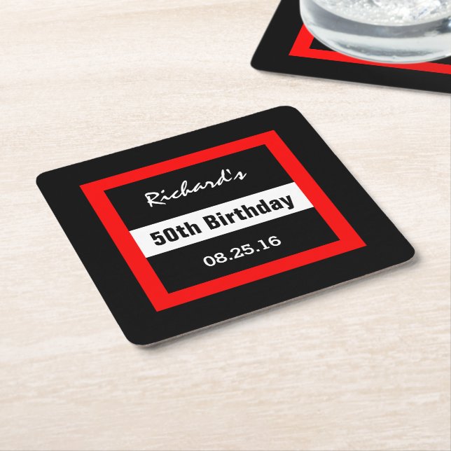 50th Birthday Black with Red Frame Geometric Z50 Square Paper Coaster (Angled)