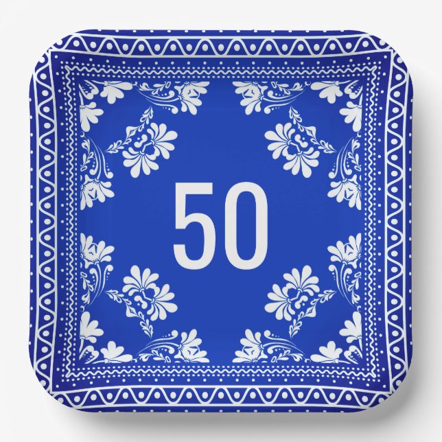50th Birthday Blue Bandana  Paper Plate (Front)
