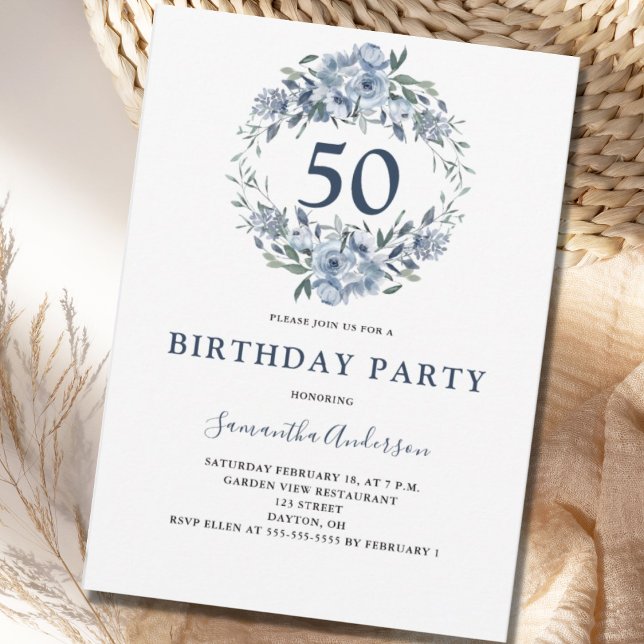50th Birthday Blue Floral Botanical Invitation (Creator Uploaded)