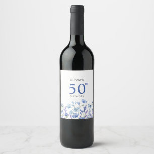 50th Birthday Blue Floral  Wine Label