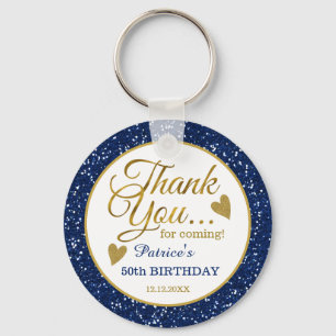 50th Birthday Blue Glitter And Gold Thank You Keychain