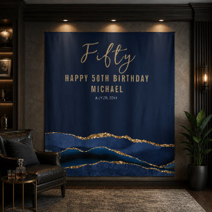 50th Birthday Blue Gold Agate Photo Backdrop Tapestry