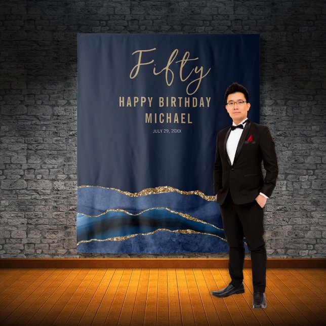 50th Birthday Blue Gold Agate Photo Backdrop Tapestry (Creator Uploaded)