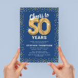 50th Birthday Blue Gold Invitation<br><div class="desc">Elegant fiftieth birthday party invitation featuring a trendy blue background that can be changed to any colour,  gold sparkly glitter,  fifty gold hellium balloons,  and a modern 50th birthday celebration text template that is easy to personalize.</div>