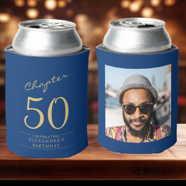 50th Birthday Blue Gold Photo Template Can Cooler (Custom 50th birthday blue and gold can coolers sat on a bar top. Image shows front and rear.)