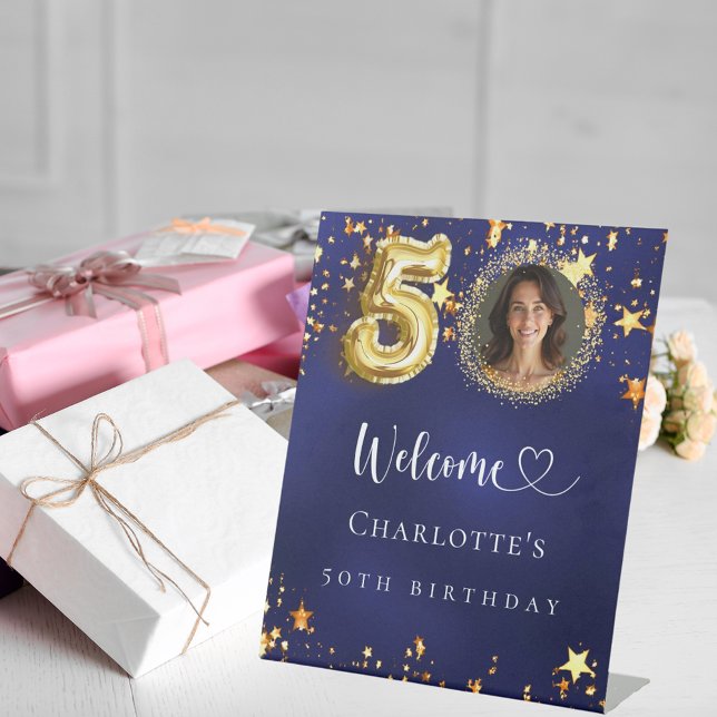 50th Birthday blue gold stars photo welcome Pedestal Sign (Creator Uploaded)