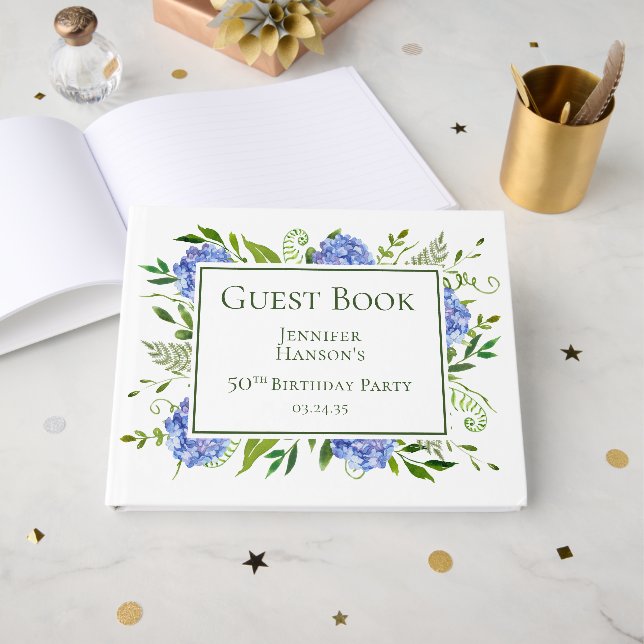 50th Birthday Blue Hydrangeas Guest Book (Front Open)