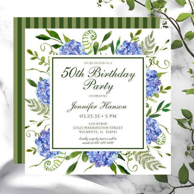 50th Birthday Blue Hydrangeas Script Invitation (Creator Uploaded)