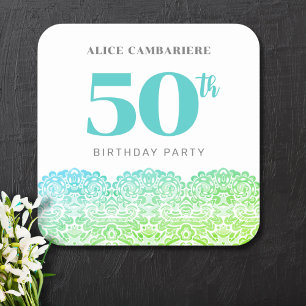 50TH BIRTHDAY BLUE LACE INVITATION SQUARE STICKER