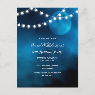 50th birthday blue moon light strings invitation postcard