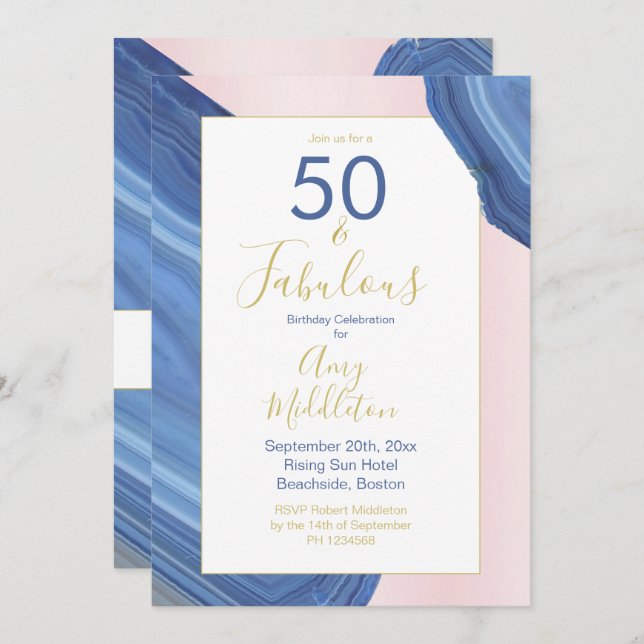 50th Birthday Blue Pink Agate Mineral Rock Modern Invitation (Front/Back)