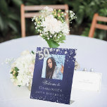 50th Birthday blue silver stars photo welcome Pedestal Sign<br><div class="desc">A welcome sign for a 50th birthday party.  A navy blue background with elegant faux silver stars. The blue colour is uneven.  Personalize and add a photo,  name and text.  White letters.</div>