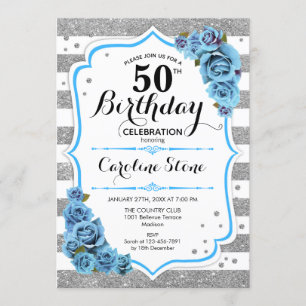 50th Birthday - Blue Silver White Stripes Invitation