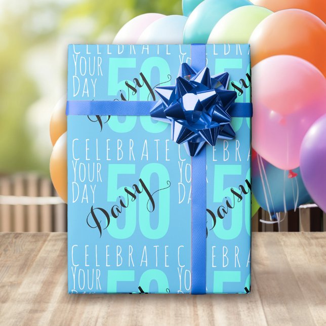 50th Birthday Blue Typography  Wrapping Paper (Creator Uploaded)