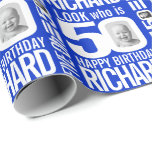 50th birthday blue white look 50 custom photo name wrapping paper<br><div class="desc">Fun 50th blue and white personalized photo milestone birthday wrap. Personalize this birthday wrapping paper with two photographs of the birthday boy in the middle of the number 0. Great idea for adding some fun to a milestone fortieth birthday gift. Other matching items and colours are available. Exclusive design by...</div>