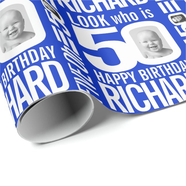 50th birthday blue white look 50 custom photo name wrapping paper (Roll Corner)